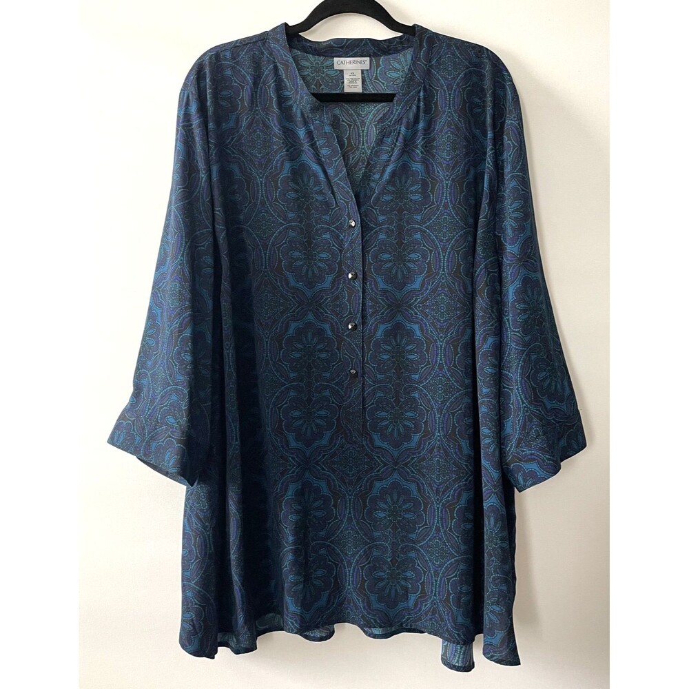 Catherines Tunic Top 3/4 Sleeve Geometric Blue Purple Plus Size 26/28W